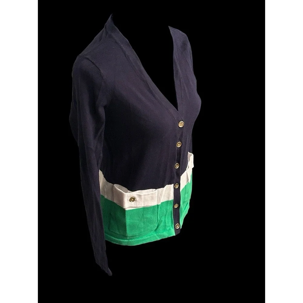 Jones New York Signature Petite PP Navy‎ Open-Front Buttons Striped Cardigan